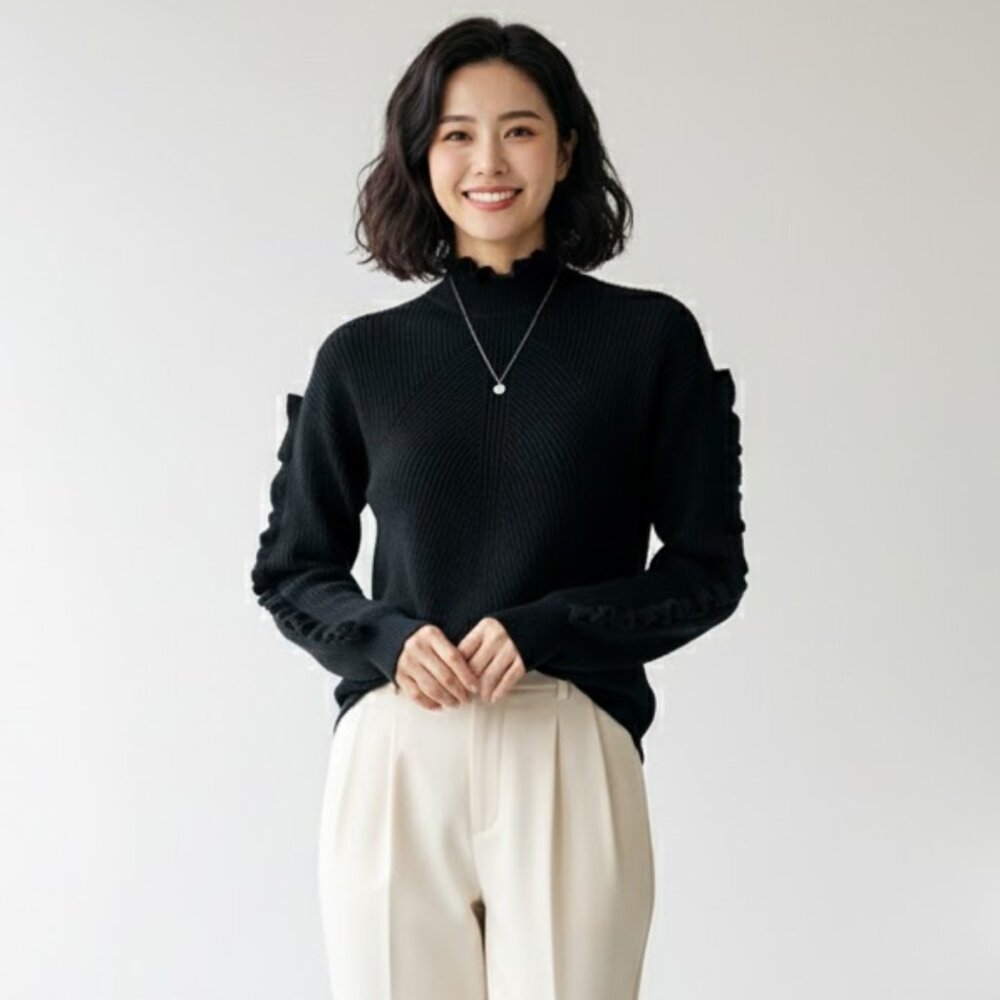 Chelsea & Theodore Ruffled Mock Neck Ribbed Sweater, Black XS NWT